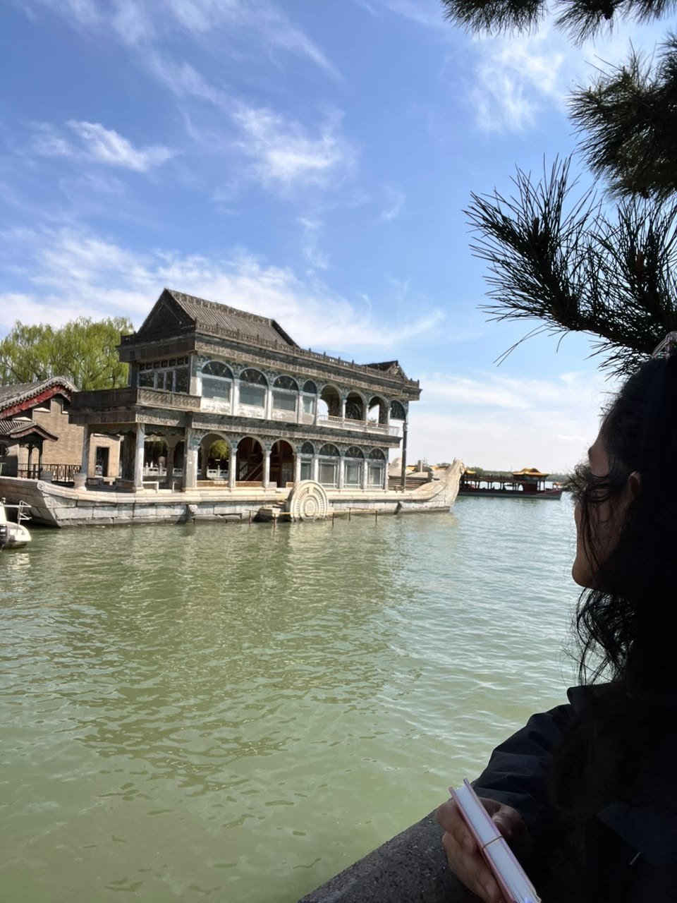 Pessoa de costas com um caderno na mão, observando um pavilhão à beira do lago
