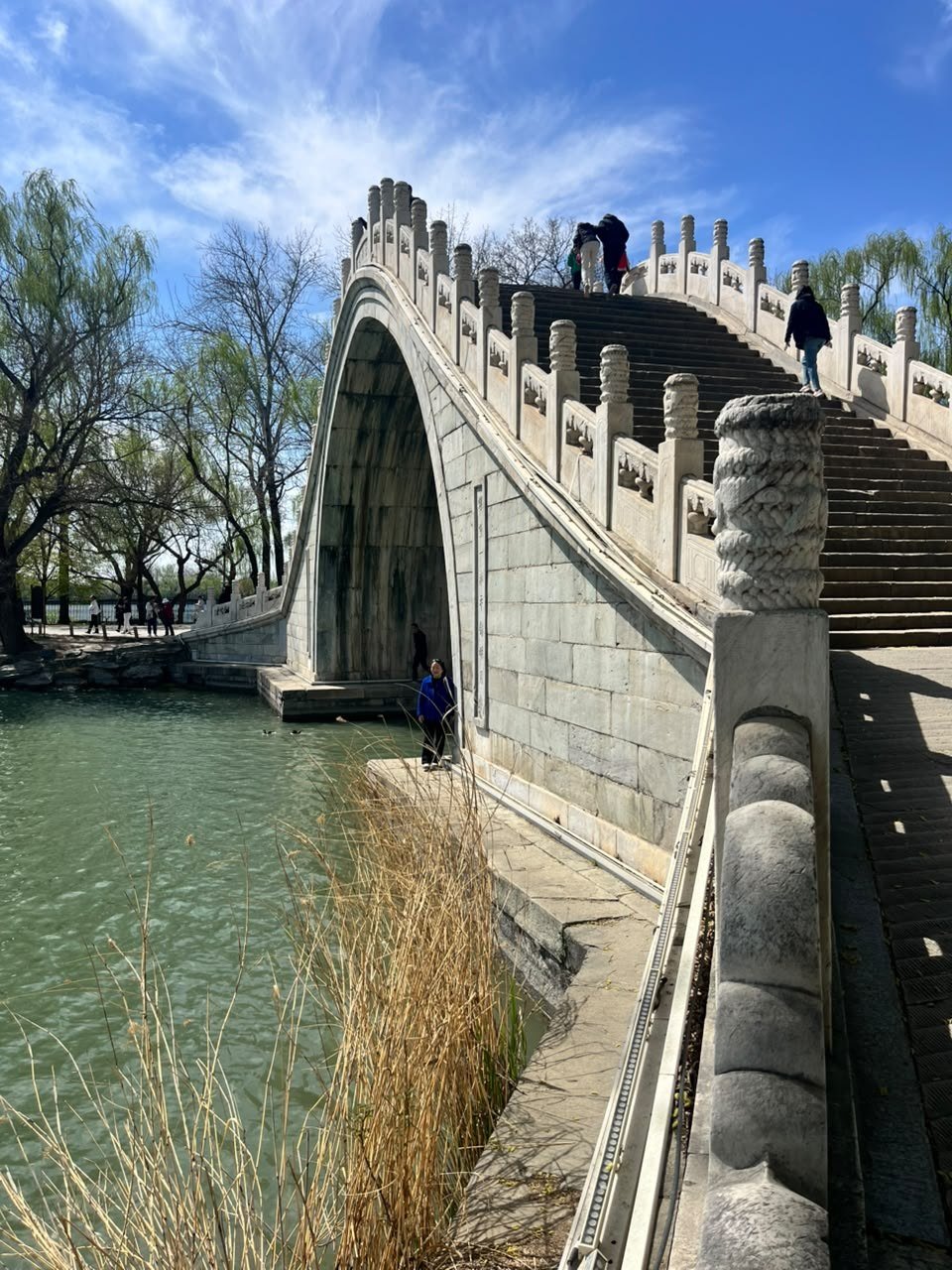 Ponte de arco de pedra sobre a água, com pessoas atravessando